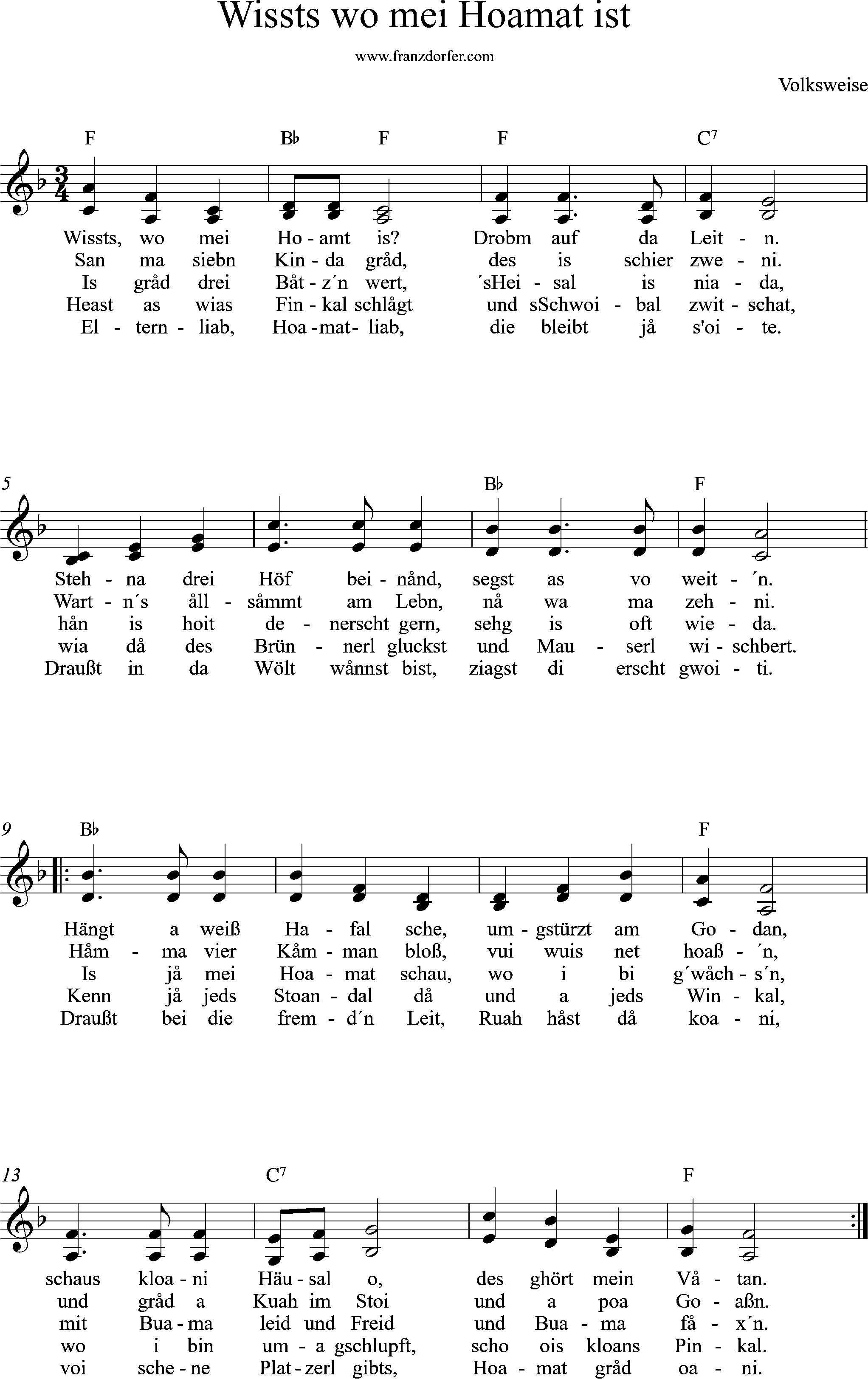 Akkordeonnoten, F-Dur, Wisst wo mei hiamat